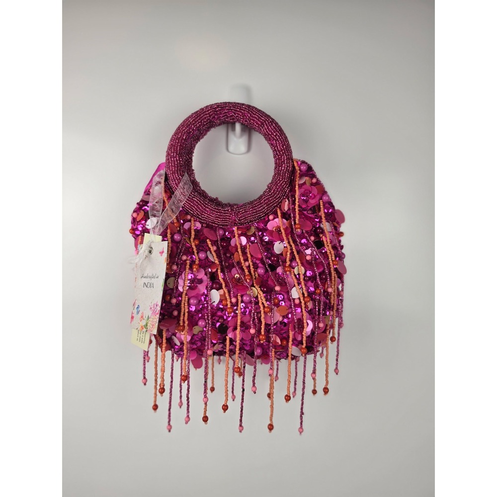 Handcrafted India Beaded Sequin Fringe Evening Bag Magenta Floral Handbag Viral